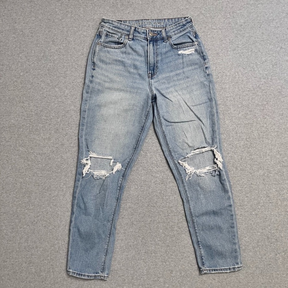 American Eagle Jeans Womens 4 Blue Mom Distressed High Rise‎ Ripped Faded Denim